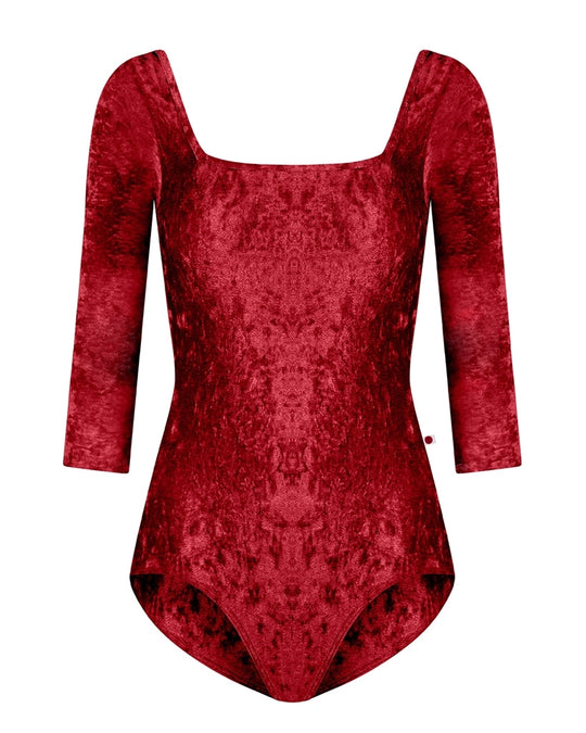 Yumiko Marieke in Crushed Velvet Square Neck 3/4 Sleeve Leotard - Womens - Dark Red