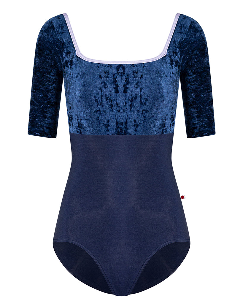 Yumiko Marieke with Crushed Velvet Square Neck 3/4 Sleeve Leotard - Womens - Dark Blue / Poem