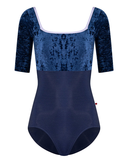 Yumiko Marieke with Crushed Velvet Square Neck 3/4 Sleeve Leotard - Womens - Dark Blue / Poem