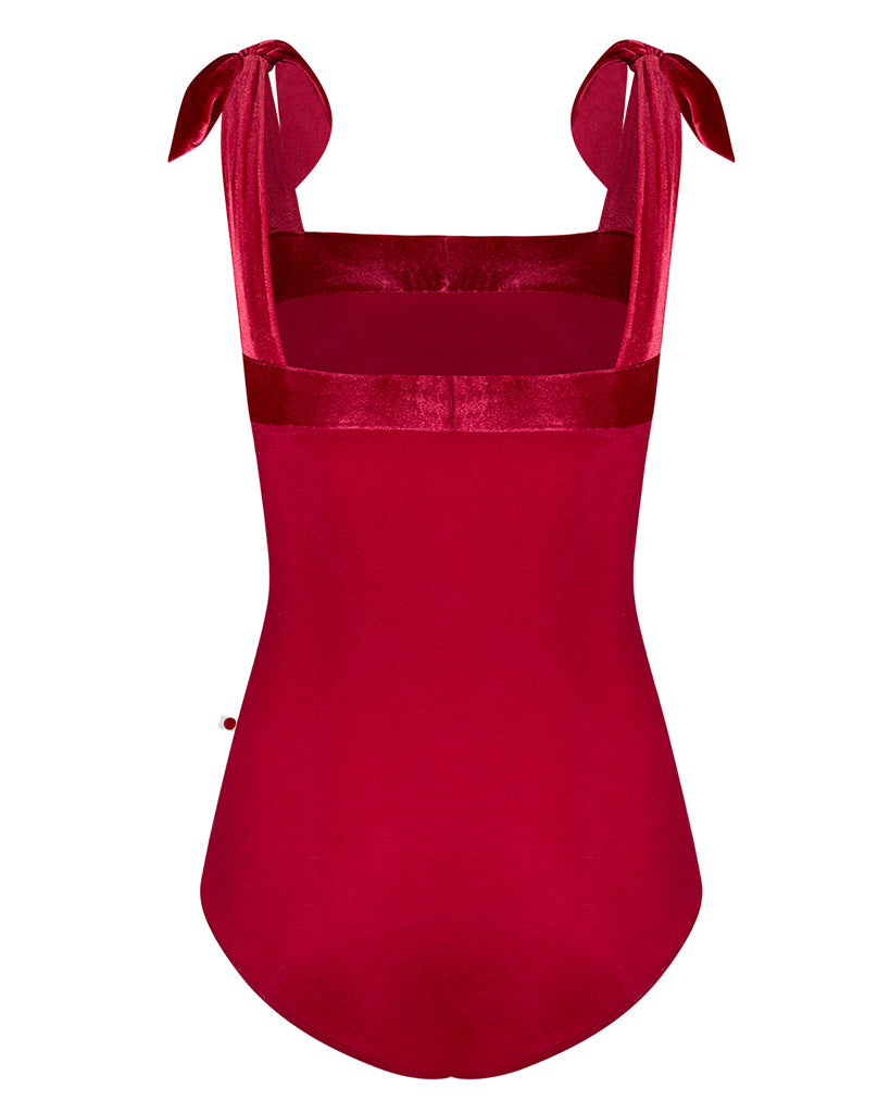 Yumiko Mimi with Crushed Velvet Square Neck Shoulder Tie Sleeveless Leotard - Womens - Berry / Cerise