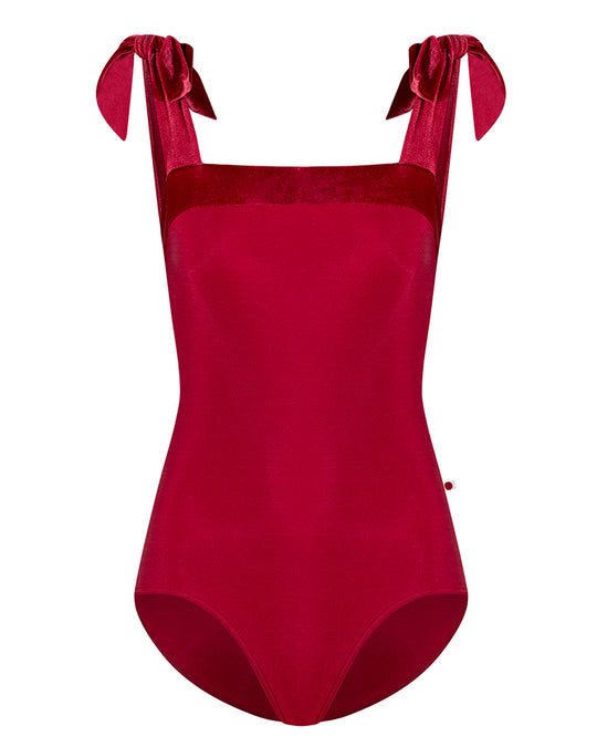 Yumiko Mimi with Crushed Velvet Square Neck Shoulder Tie Sleeveless Leotard - Womens - Berry / Cerise