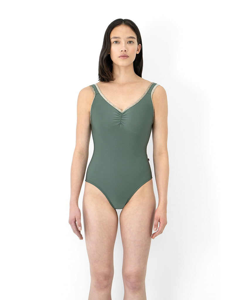 Yumiko Tiffany Velvet Trim High Cut Pinch Front Tank Leotard - Womens - Sage / Toffee