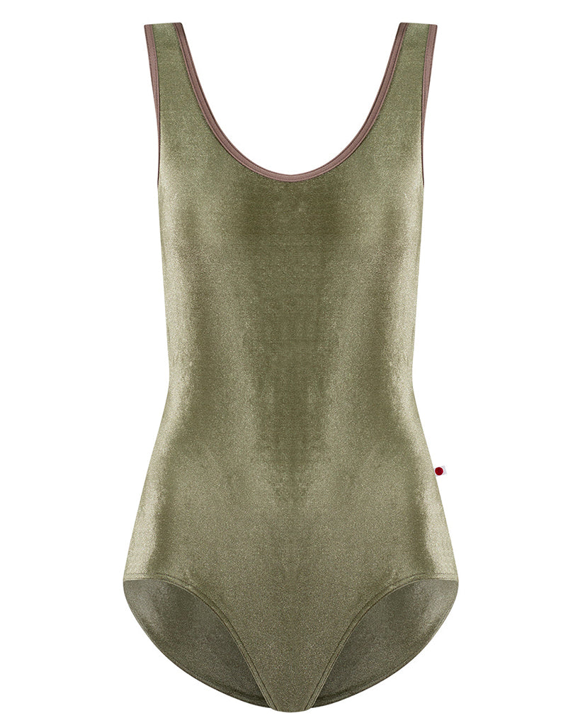 Yumiko Veronique in Velvet Scoop Neck Cut Out Back Tank Leotard - Womens - Safari / Star