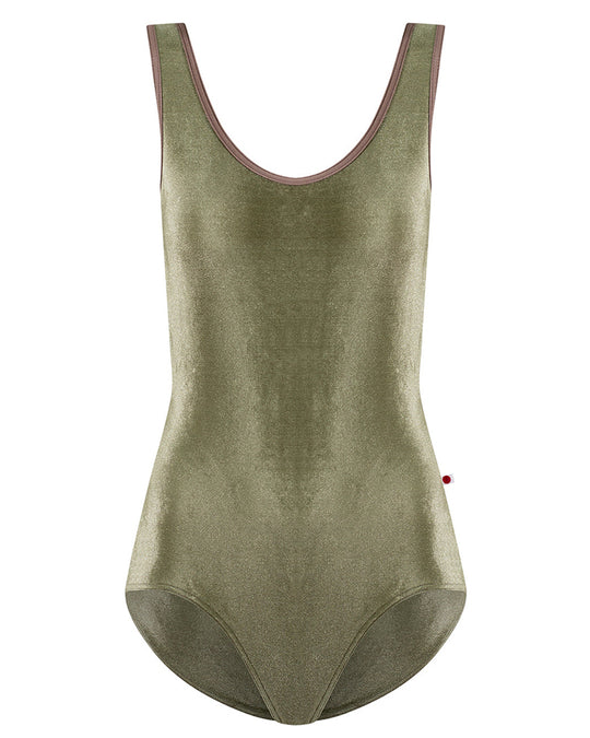 Yumiko Veronique in Velvet Scoop Neck Cut Out Back Tank Leotard - Womens - Safari / Star
