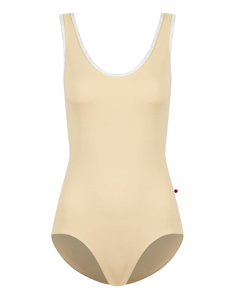 Yumiko Veronique with Crushed Velvet Trim Scoop Neck Cut Out Back Tank Leotard - Womens - Vanilla / White