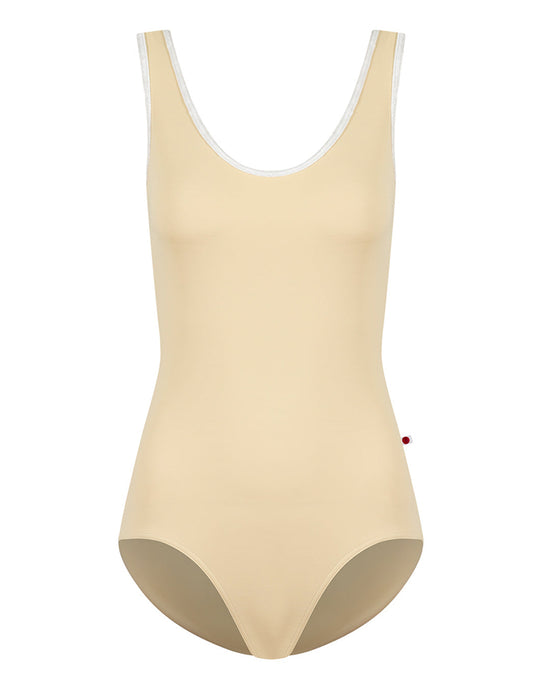 Yumiko Veronique with Crushed Velvet Trim Scoop Neck Cut Out Back Tank Leotard - Womens - Vanilla / White
