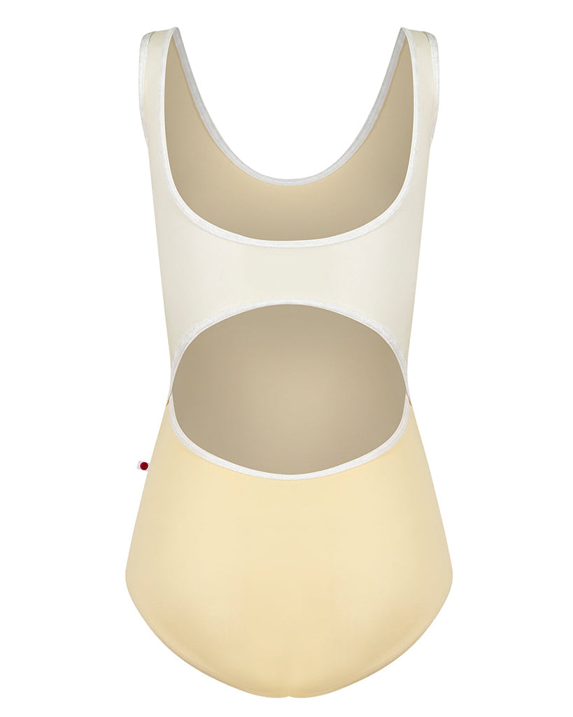 Yumiko Veronique with Crushed Velvet Trim Scoop Neck Cut Out Back Tank Leotard - Womens - Vanilla / White