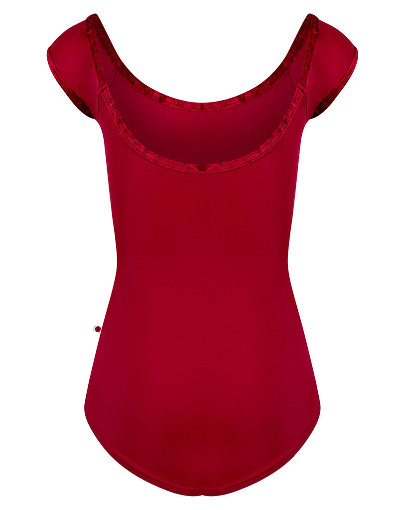 Yumiko Wendy with Crushed Velvet Trim Scoop Neck Cap Sleeve Leotard - Girls - Babylon / Dark Red