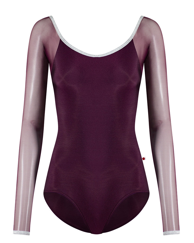 Yumiko Wendy with Mesh and Crushed Velvet Trim Long Sleeve Leotard - Womens - Opera / Silver