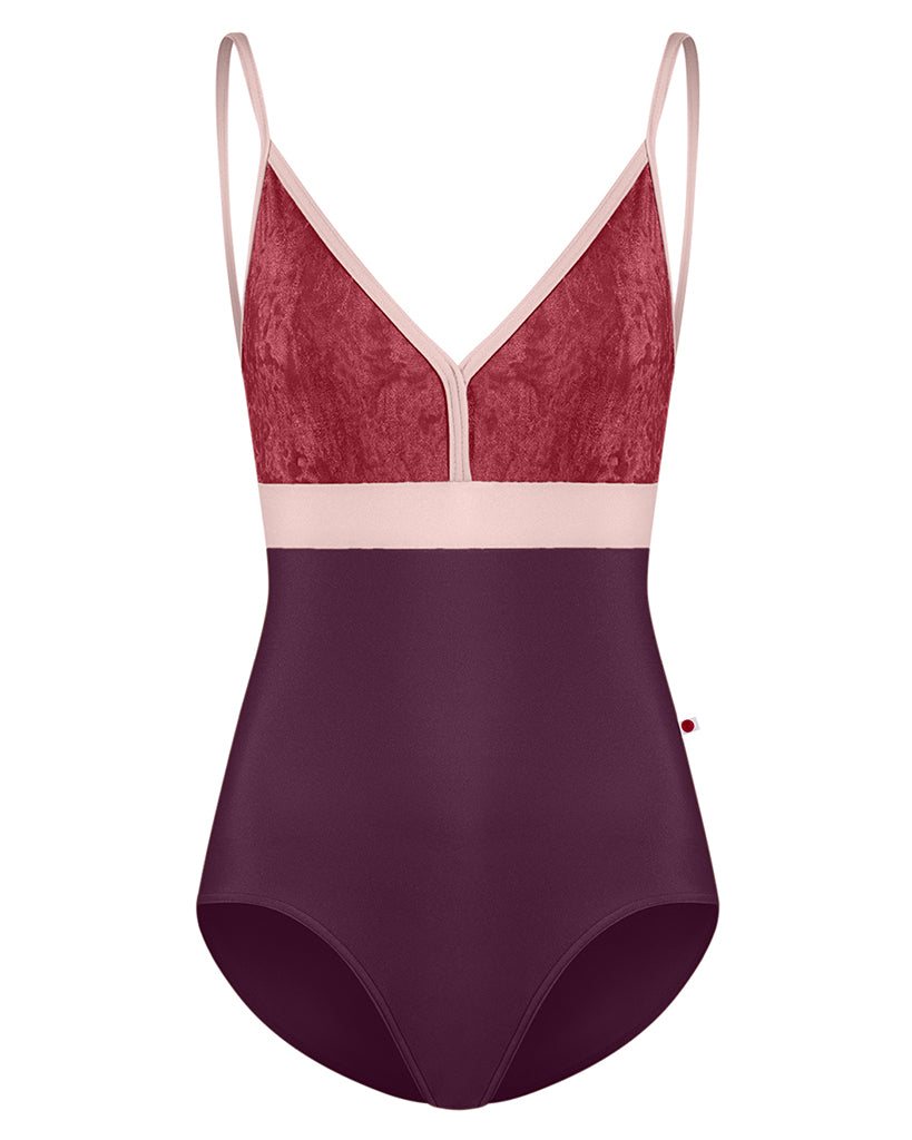 Yumiko Zoe with Crushed Velvet Colour Block V Front Camisole Leotard - Womens - Opera / Garnet / Petal