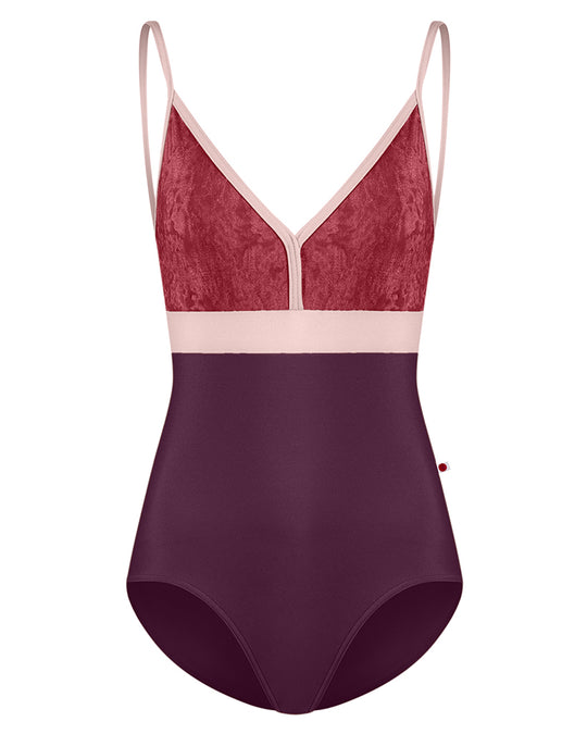Yumiko Zoe with Crushed Velvet Colour Block V Front Camisole Leotard - Womens - Opera / Garnet / Petal