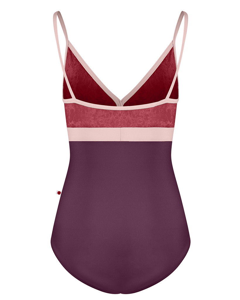 Yumiko Zoe with Crushed Velvet Colour Block V Front Camisole Leotard - Womens - Opera / Garnet / Petal