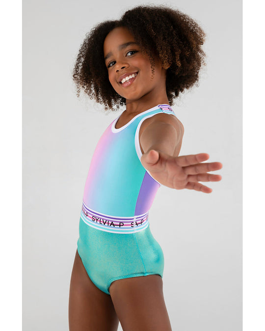 Sylvia P Neverland Wide Strap Gymnastic Leotard - Girls - Rainbow Ombre / Mystique Aqua