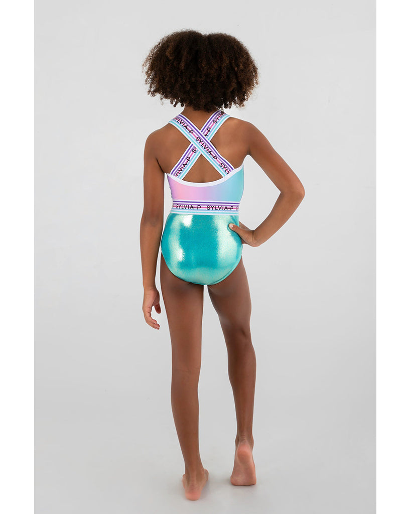 Sylvia P Neverland Wide Strap Gymnastic Leotard - Girls - Rainbow Ombre / Mystique Aqua