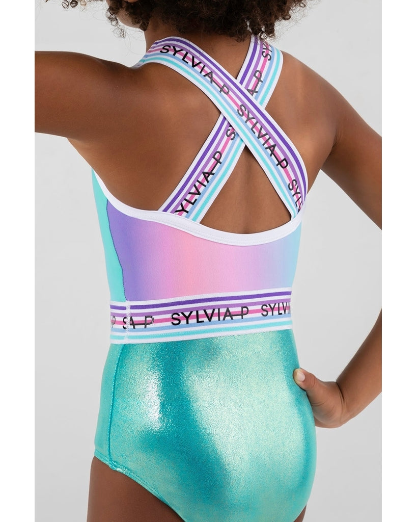 Sylvia P Neverland Wide Strap Gymnastic Leotard - Girls - Rainbow Ombre / Mystique Aqua