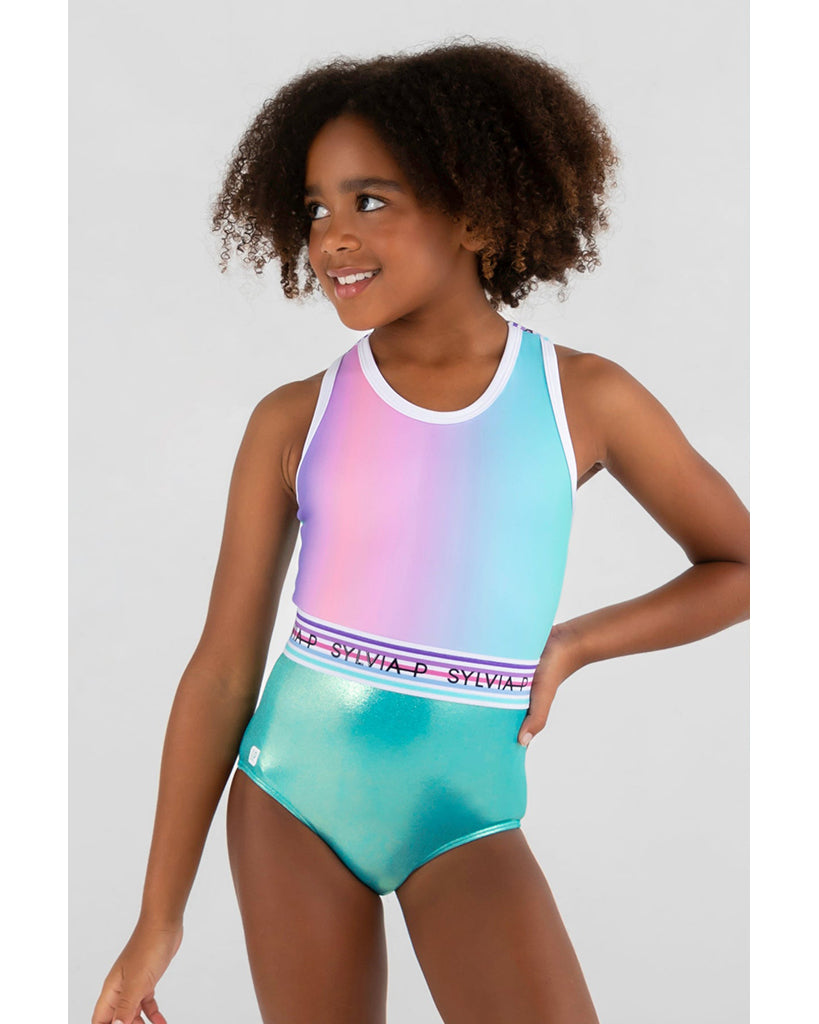 Sylvia P Neverland Wide Strap Gymnastic Leotard - Girls - Rainbow Ombre / Mystique Aqua