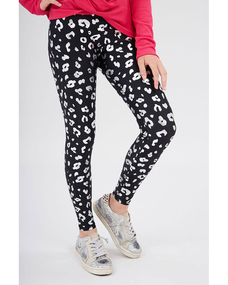 Terez Foil Printed Legging - 1426 Girls - Silver Cheetah Foil on Black - Activewear - Bottoms - Dancewear Centre Canada