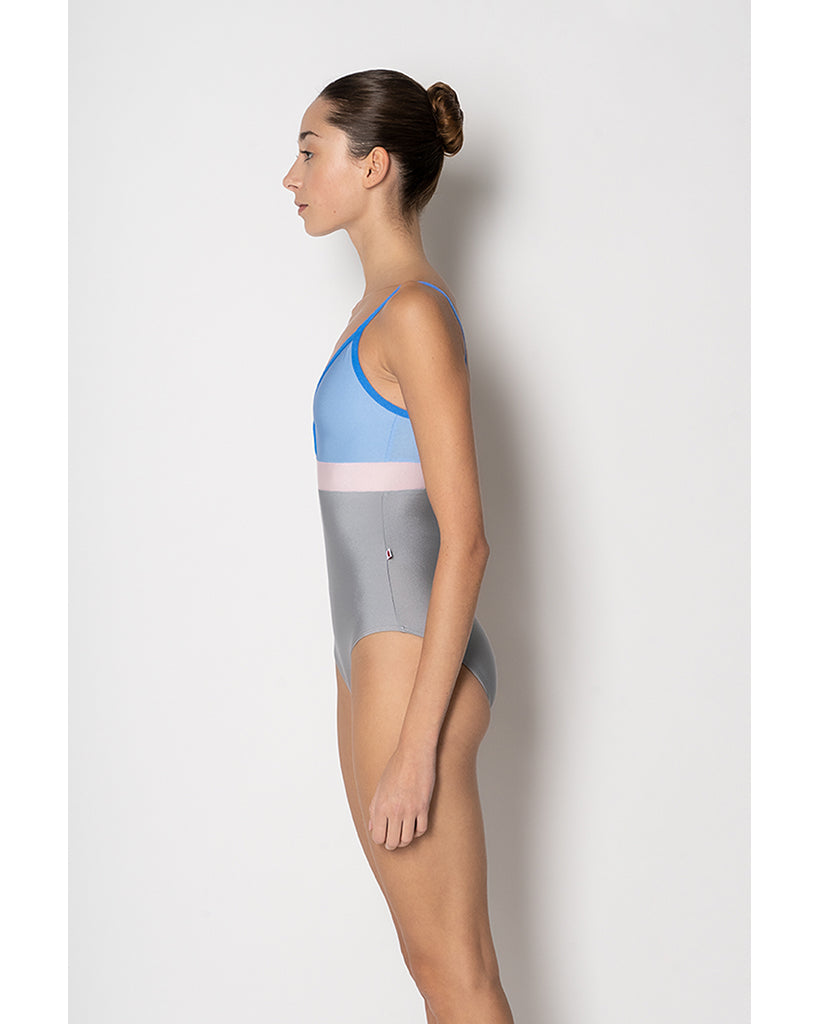 Yumiko Zoe Colour Block V Front High Cut Camisole Leotard - Womens - Sterling / Moontide / Sky / Rose