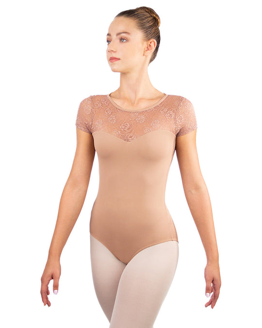 Ballet Rosa Fosette Open Pinch Back Lace Cap Sleeve Leotard - Womens